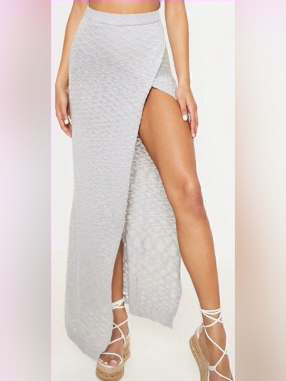 PrettyLittleThing Gray Ribbed High Slit Maxi Skirt Size 10 NWT